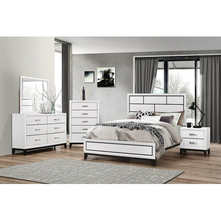 Contemporary Style 5pc Queen Size Low-Profile Bed Dresser Mirror 2x Nightstands Chest Bedroom Furniture Set White Finish