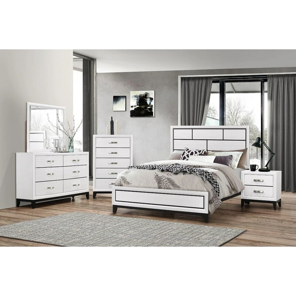 Contemporary Style 4pc Full Size Low-Profile Bed Dresser Mirror Nightstand Bedroom Furniture Set White Finish