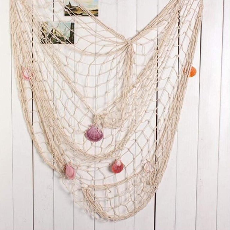 Nautical Fish Net Wall Decor Mediterranean Style Home Decorative Navy Blue  Fishing Net Ornaments Ocean Fish Netting Wall Hanging with Shells Nature