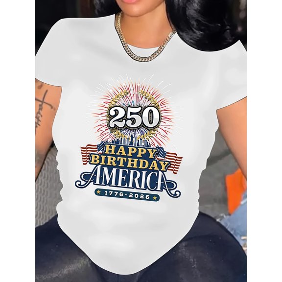 Women's Happy Birthday America 250th Anniversary T-Shirt Patriotic USA 1776-2026 Graphic Tee Retro Independence Day Celebration Top