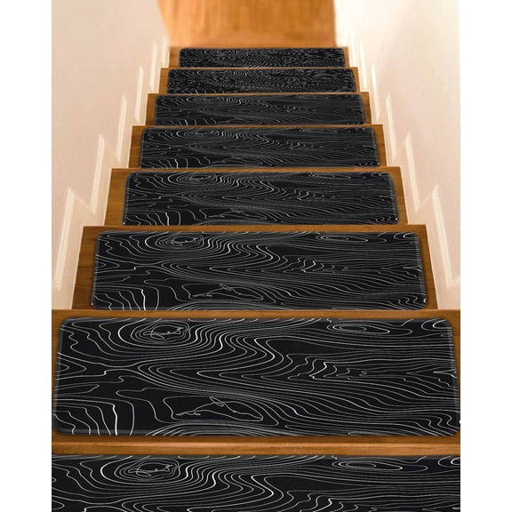 Stair Treads for Wooden Steps,Black Abstract Peel and Stick Stair Treads with Adhesive,Modern Geometric Minimalist Stripes Non Slip Indoor Stairs Runner Rugs Mats for Elders Dogs 8"x30" 10PCS