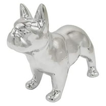 French Statue - Metallic Silver Standing Ceramic Dog Statue - Decorative Dog Sculpture for Garden or Home Décor - French Dog Outdoor Statue - (9.5” x 4” x 7.75”)