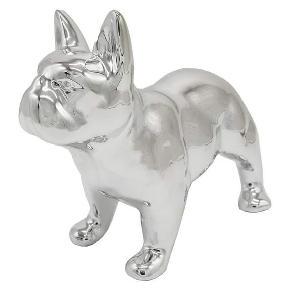 French Statue - Metallic Silver Standing Ceramic Dog Statue - Decorative Dog Sculpture for Garden or Home Décor - French Dog Outdoor Statue - (9.5” x 4” x 7.75”)