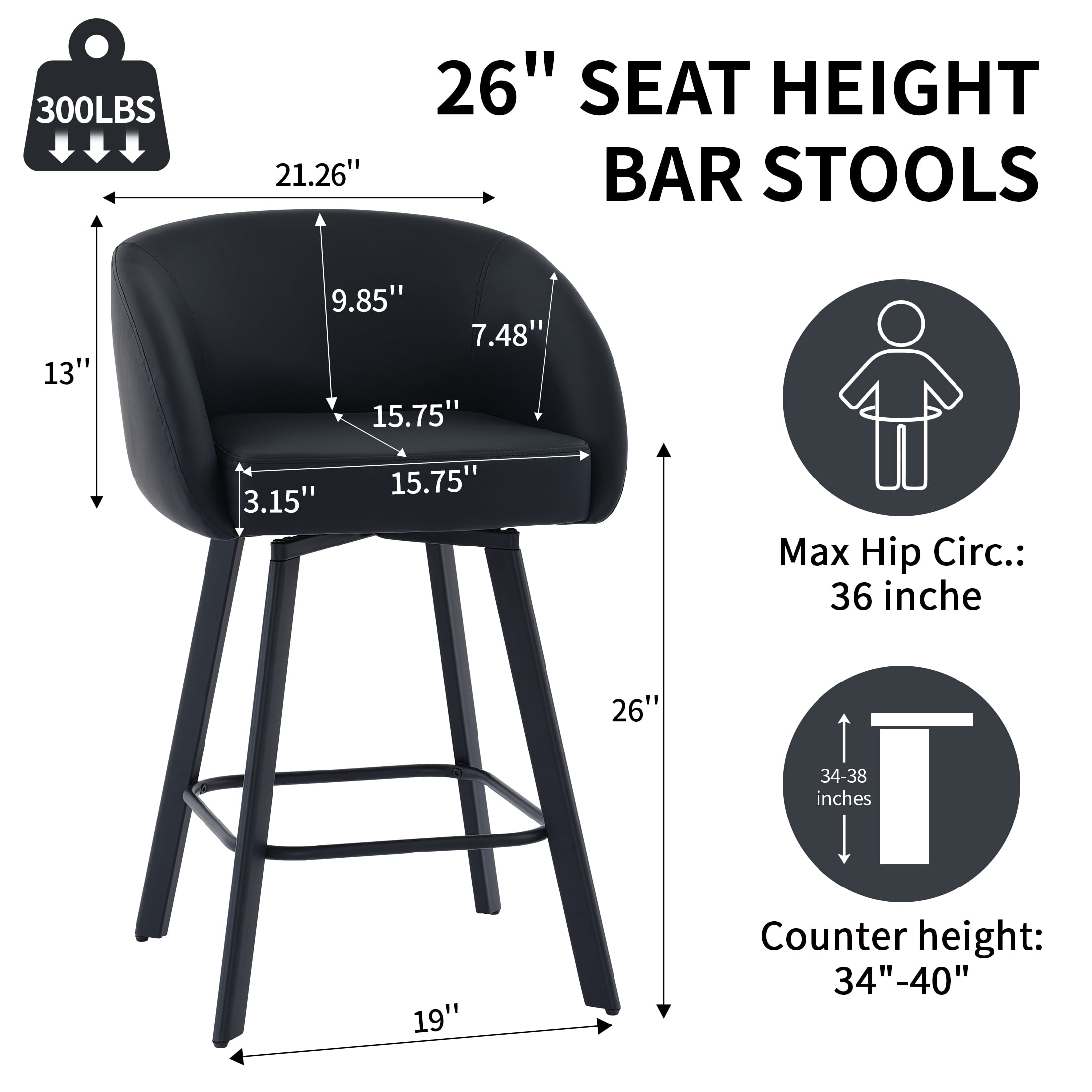 FIRAVOE Bar Stools with Back Set of 2, Swivel Counter Height Bar Stools with Footrest (26") Faux Leather Black Barstools for Kitchen Island