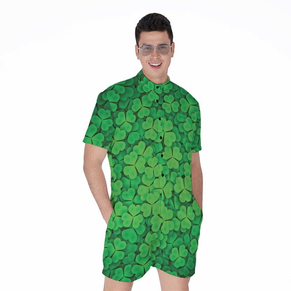 Green Clover St. Patrick'S Day Short Sleeve Men'S Rompers, Irish St. Patrick'S Day Casual Summer Jumpsuits Outfit