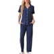 thumbnail image 2 of Conjunto de pijama para mujer INSPIRE CHIC, botón, suave, de manga corta, ropa de dormir, pantalones largos, conjunto de dos piezas, color azul marino, 2 of 6