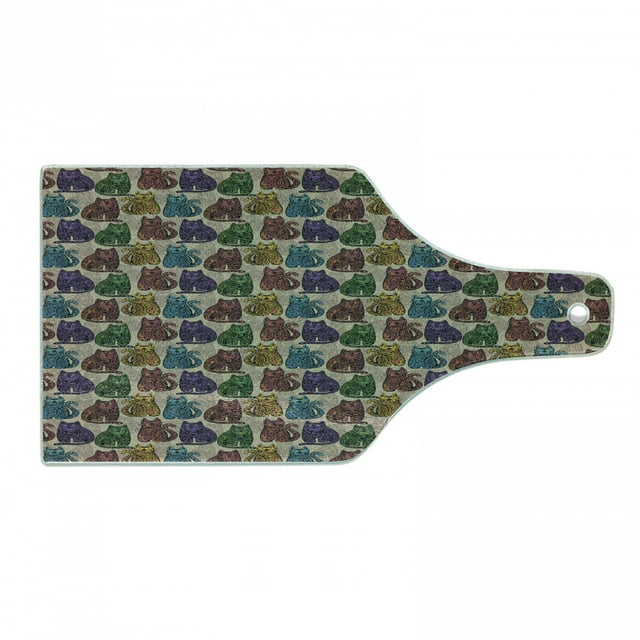 Tattoo Cutting Board, Colorful Vintage Cat Animal with Mandala Inspired Floral Motifs, Decorative Tempered Glass Cutting and Serving Board, Wine Bottle Shape, Multicolor, by Ambesonne