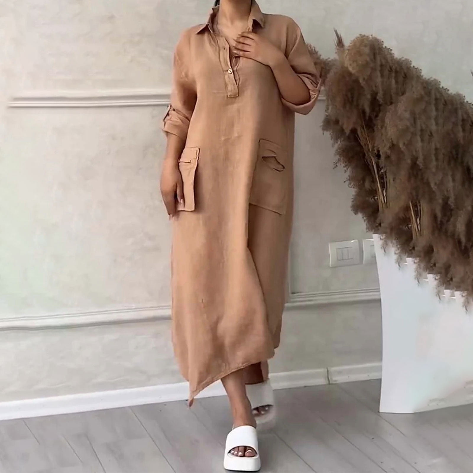cfhntfmh Cotton Linen Dresses for Women Fall Casual Long Sleeve V Neck Button up Loose Flowy Maxi Dresses with Pockets