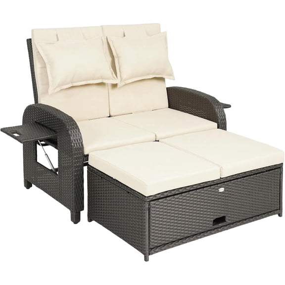 Outdoor Wicker Rattan Daybed with Storage Ottoman, Adjustable Backrest Patio Loveseat, Beige