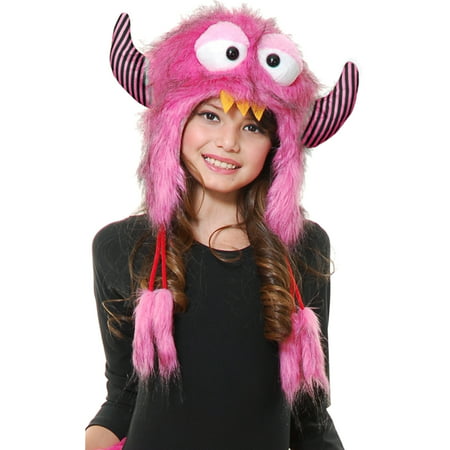 Child Girls Pink Furry Plush Horned Monster Hood