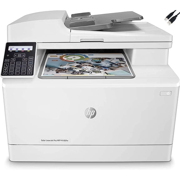 HP Laserjet Pro MFP M183FW All-in-One Wireless Color Laser Printer, Print - Copy - Scan - Fax, 16ppm, 600x600 dpi, Mobile Printing, 2-line Display, Auto-On/Off Technology, with DE Printer Cable