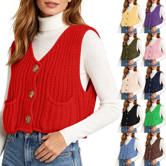 Cable Knit Sleeveless Vest for Women V Neck Button Down Soft Loose Knit Waistcoat Casual Daily Fall Winter Layering Sweater Gilet Yellow
