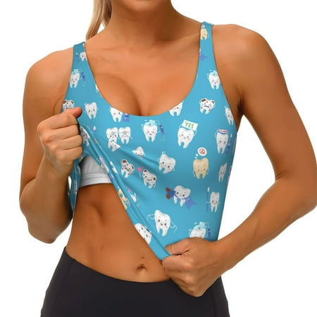 Qokaie Healthy And Ill White Teeth Pattern Womens Scoop Neck Sports Bra Breathable Workout Vest Padded U Back Medium Impact Fitness Gym Yoga Bra Workout Crop Top