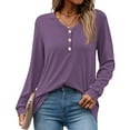 thumbnail image 2 of MOSHU V-neck T Shirts for Women Casual Long Sleeve Tunic Tops Curve Hem Fall Button Shirts, 2 of 8