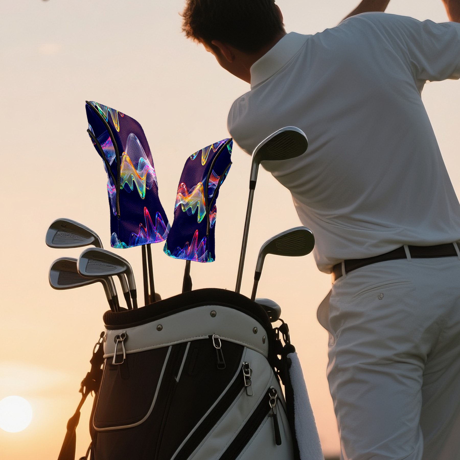 Golf Club Covers, Blue SoundWave Premium PU Leather Driver Hybrid Putter Head Covers with Velvet Lining, Waterproof Golf Gifts for Men Women