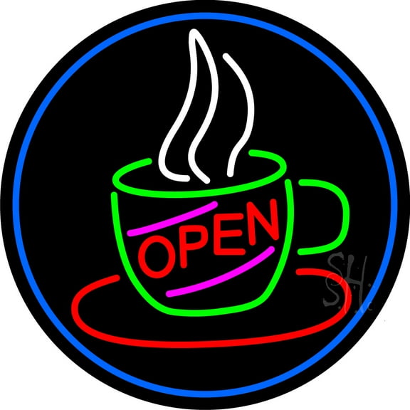 Open Coffee Cup LED Neon Sign 18 x 18 - inches, Black Square Cut Acrylic Backing, with Dimmer - Bright and Premium built indoor LED Neon Sign for café and stroefront.