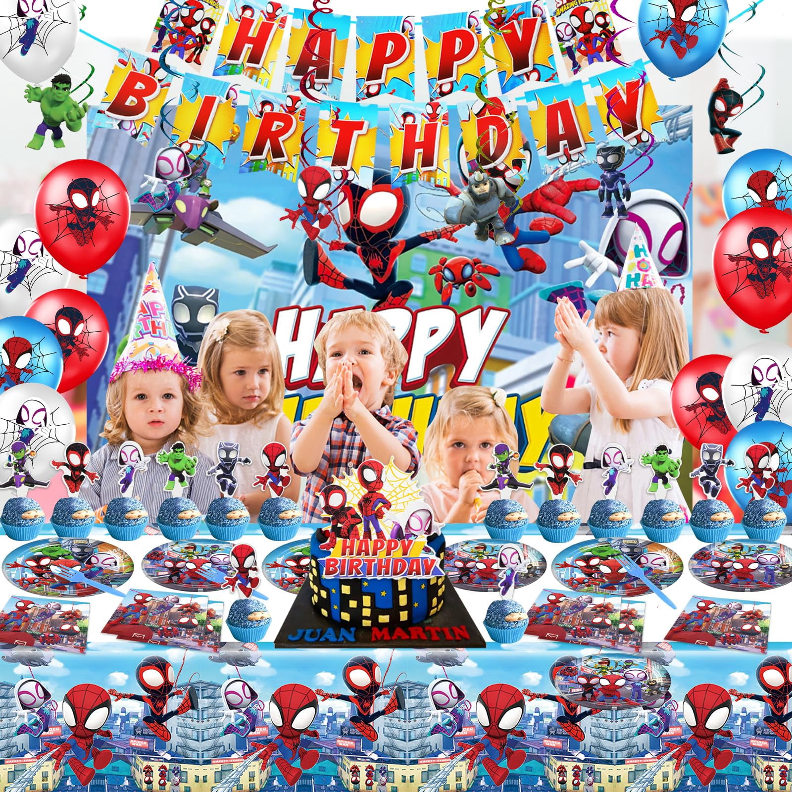 119 hero birthday party decorations, banners, background posters, card inserts, banners, balloons, tablecloths, plates, napkins, forks, cake hats, birthday party decorations