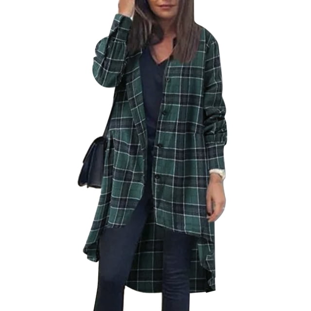 Camisa con estampado a cuadros Manga larga Longitud media Botonadura única Cuello vuelto Camisa con estampado a cuadros para mujer Verde S