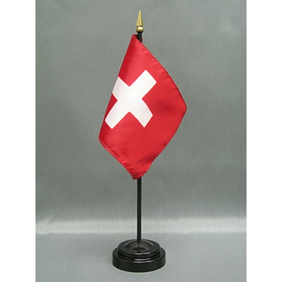 Made in The USA. 2 Switzerland Rayon 4"x6" Miniature Office Desk & Little Hand Waving Table Flags Includes 2 Flag Stands & 2 Small Mini Swiss Stick Flags, Also Includes Switzerland Flag Lapel Pin.