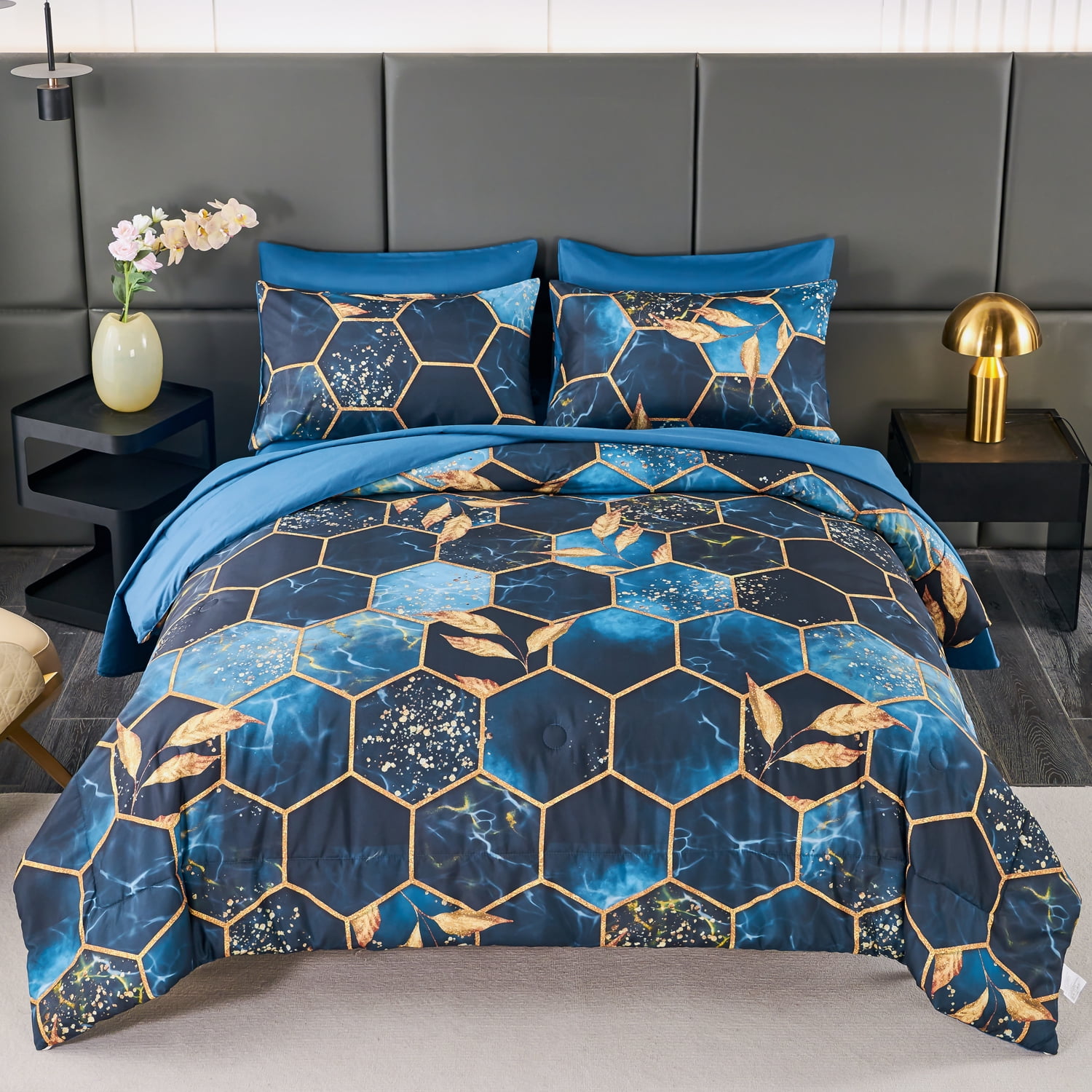 RYNGHIPY 3 Pieces Hexagon Comforter Set Full Size 3D Geometric Honeycomb Bedding Set Gold Trim Bedding Qulit Set Modern Steel Blue Foil Print Bed Set for Women Men (Blue, Full)