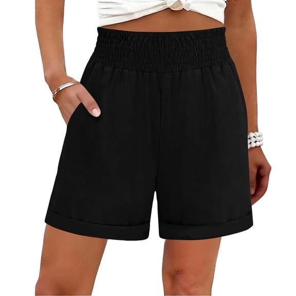 ClodeEU Women's Linen Shirred Elastic Waist 3" Shorts with Pockets,Solid Color Casual Summer Bottoms Black,Womens Plus XL
