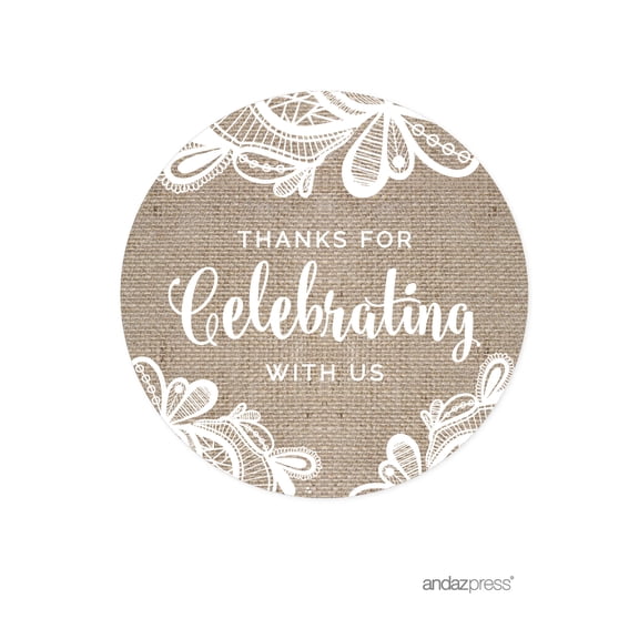 Thank You For Celebrating With Us Burlap Lace Wedding Round Circle Label Stickers, 40-Pack