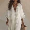 thumbnail image 4 of Women Boho Lace V Neck Flowy Maxi Dress, Bell Sleeve Loose Tiered Long Beach Cover Up Dress, Casual Summer Vacation Holiday Sundress for Travel,White,M, 4 of 6