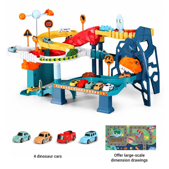 Mighty Rock Dinosaur Race Track Toys for Boys 3-5, Flexible Bridge Car Track Set with 4 Toy Cars & 32 Track pieces, Adventure Race Track Playset for Boys Age 4-7 Birthday Gifts