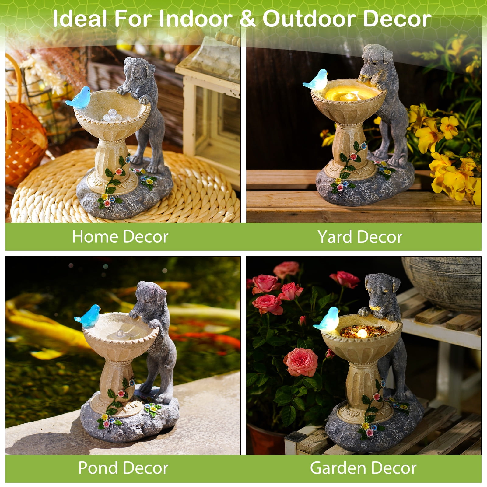 Solar Dog Statues for Bird Bath - Outdoor Sculptures for Garden Yard Balcony Porch