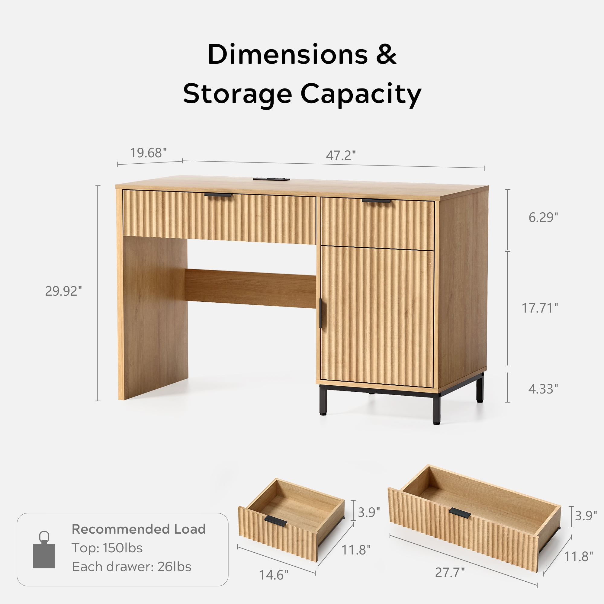 EYYTHUNG 47" Fluted Executive Desk, Modern Wood Home Office Desk with Charging Station, Drawer & Cabinet, Computer Writing Desk