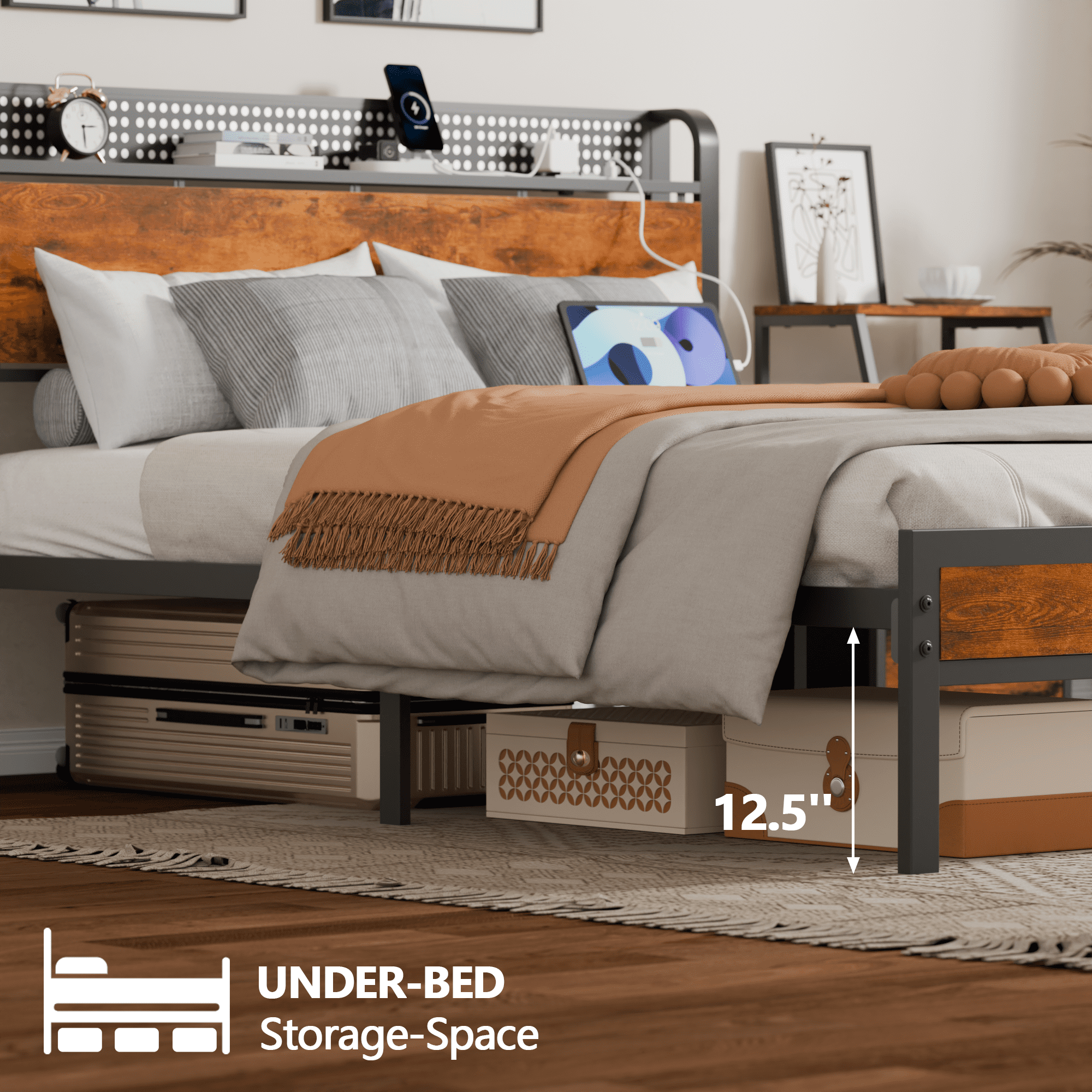 Satifur LED Bed Frame Queen Size with Charging Station, Platform Metal Bed Frame with Storage Headboard, No Box Spring Needed, Noise-Free