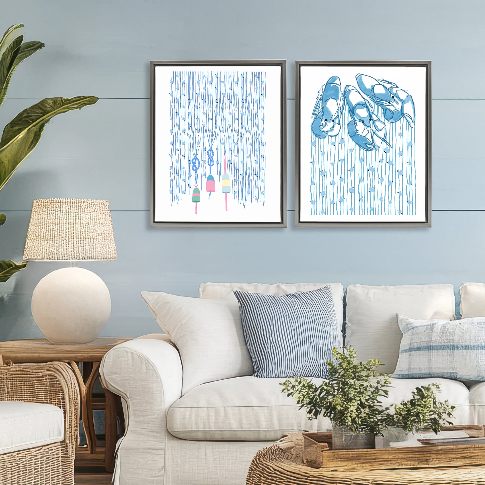 Stupell Industries Nautical Buoys & Lobsters 2 Piece Gray Framed Floater Canvas Set, design by Melissa Tilley