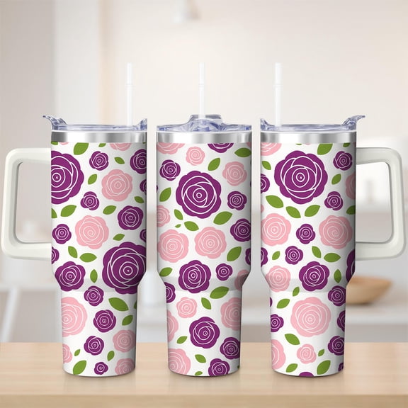 Floral Rose Stainless Steel Insulated Mug with Lid and Handle, 30oz