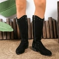 thumbnail image 2 of Rokment Women's Vintage Studded Wide Calf Cowboy Boots Retro Suede Pointed Toe Chunky Low Heel Western Cowgirl Riding Tall Dress Boots for Women Black Size 6, 2 of 7
