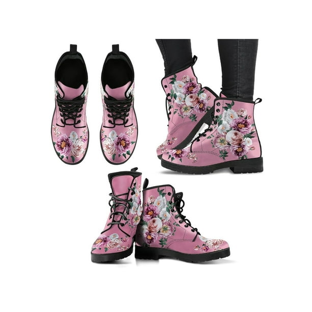 Woobling Womens Leather Boot Lace Up Ankle Boots Floral Short Bootie Non Slip Booties Work Rose 5.5 Walmart