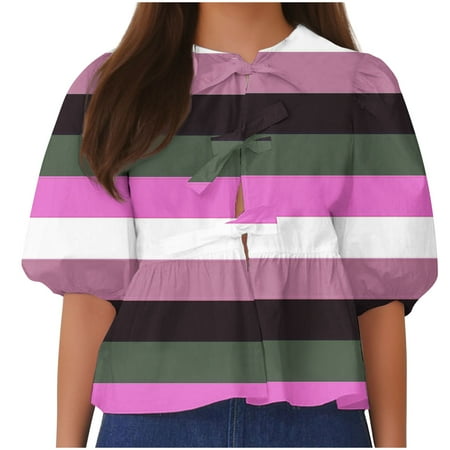 Dovford Women Bow Tie Front Shirt Top Cute Puff Sleeve Y2K Peplum Ruffle Babydoll Blouse Lace Up Summer Going Out 2024