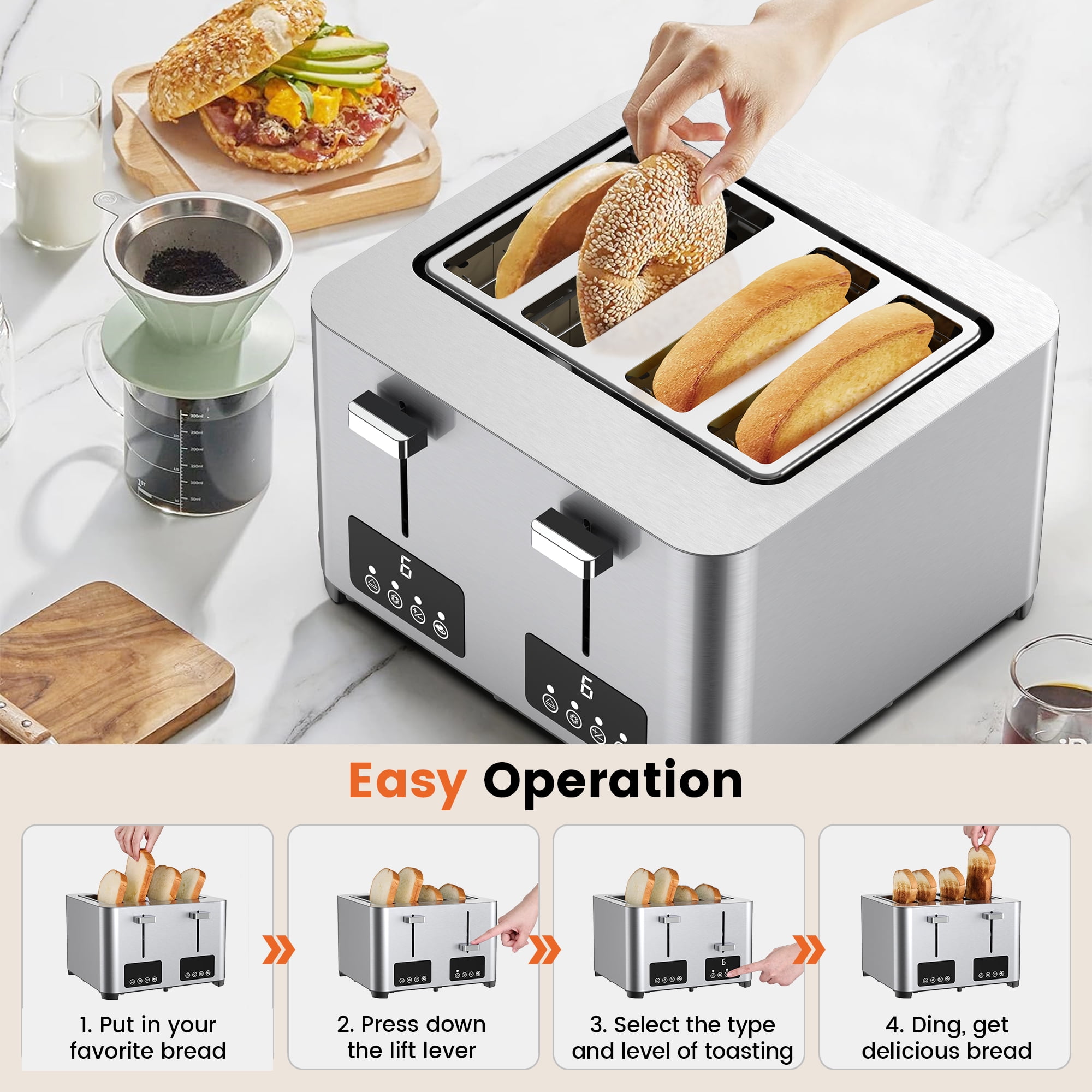 Suodoka Toaster 4 Slice with Touchscreen, Stainless Steel Bread Toaster, 6 Browning Shade Settings,1.57 inch Wide Slots with Reheat, Cancel, Defrost Functions, New