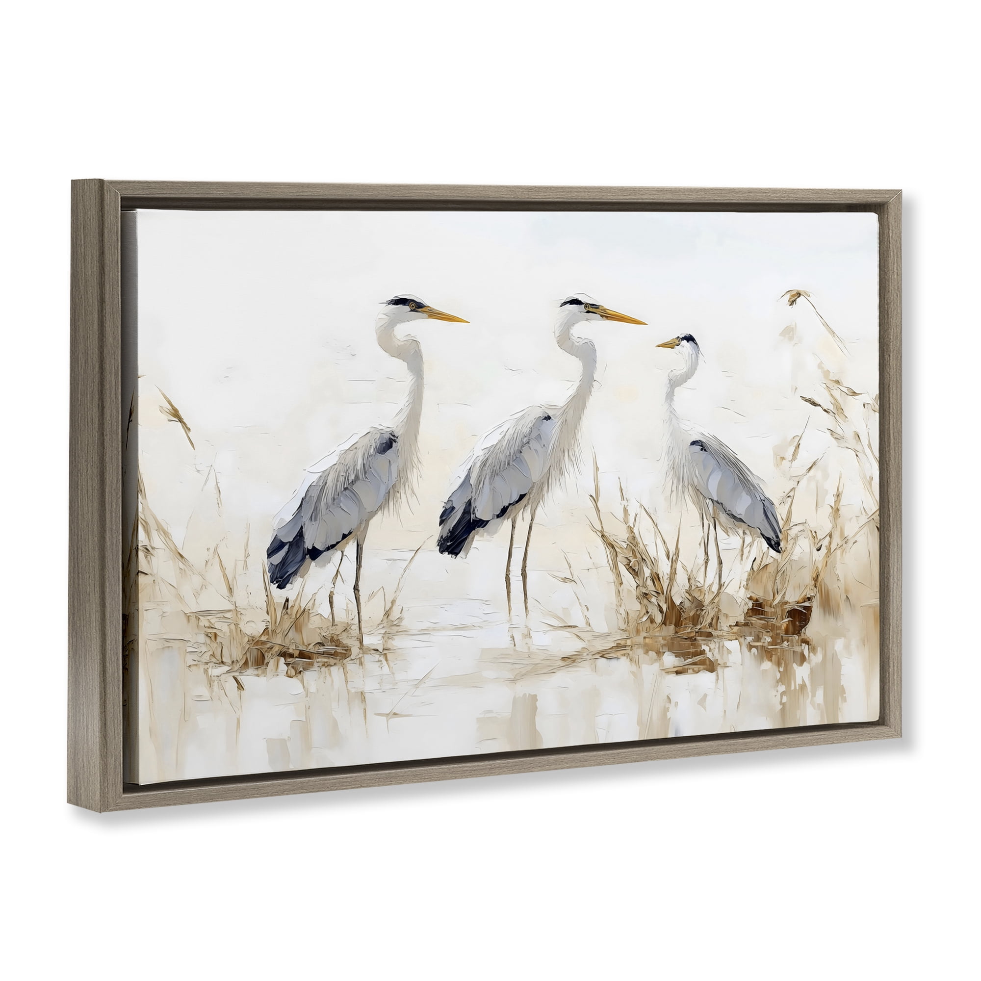Stupell Industries Neutral Blue Herons in Reeds Brown Framed Floater Canvas Wall Art, design by LSR Design Studio