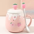 thumbnail image 2 of Tazas bonitas de fresa, taza de café rosa, taza de cerámica Kawaii, té de la mañana, taza de leche y fruta con tapa encantadora, cuchara, novedad creativa, 500ml, 2 of 5