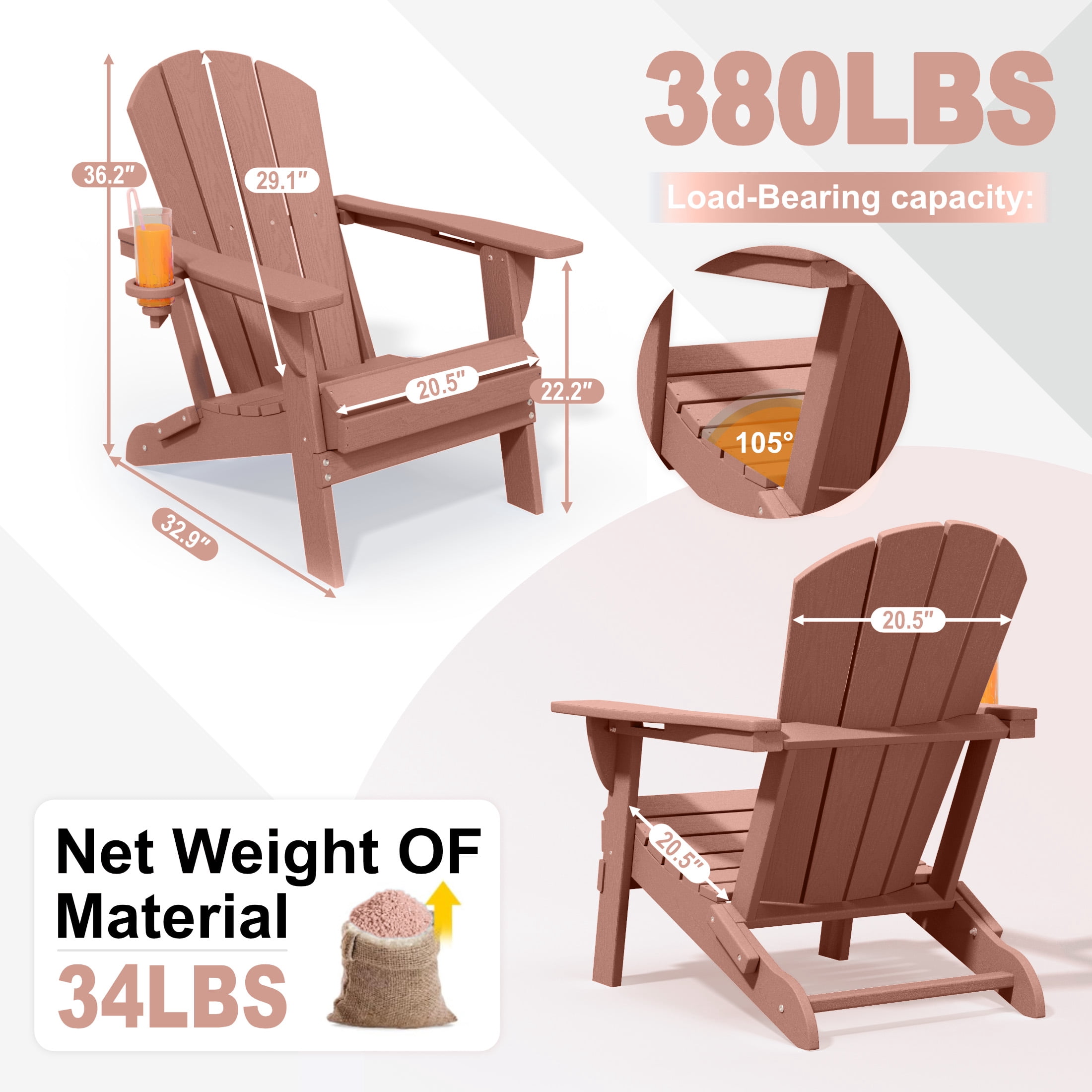 Adirondack Chair,HDPE All-Weather Patio Chairs Outdoor with Cup Holder, Lawn Chair with Weather Resistant for Outside Deck Lawn Garden, Weight Capacity Up to 380 Lbs –Coffee