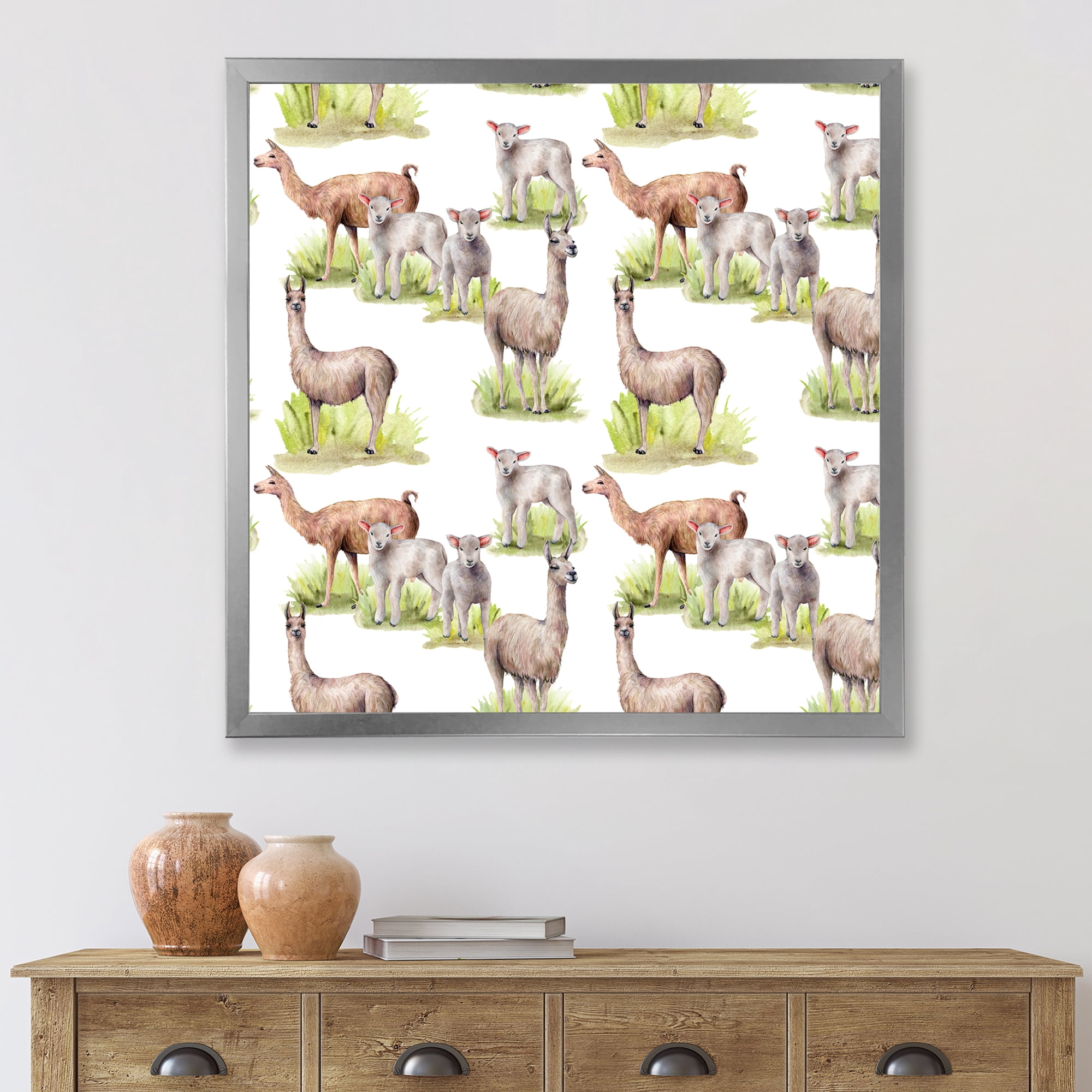Designart 'Lambs and Lamas On A Green Meadow' Farmhouse Framed Art Print