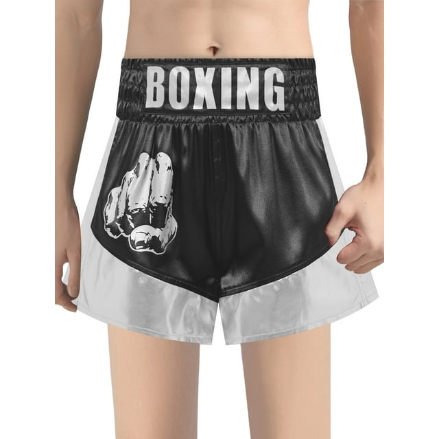 Xnihocha Unisex Kids Satin Boxing Shorts Metallic Color Block Boxer Kickboxing Muay Thai Training Trunks Black&Silver 12