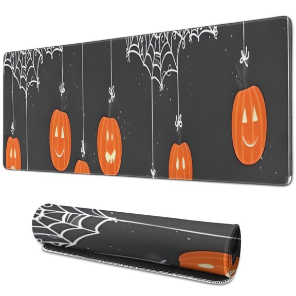 Long Mouse Pads for Desk,Halloween Spider Web Hanging Pumpkins Desk Mats on Top Of Desks, Desk Mouse Pad Extra Large with 3mm Non-Slip Base and Stitched Edge for Gaming,Office,Work,Home 31.5x11.8in