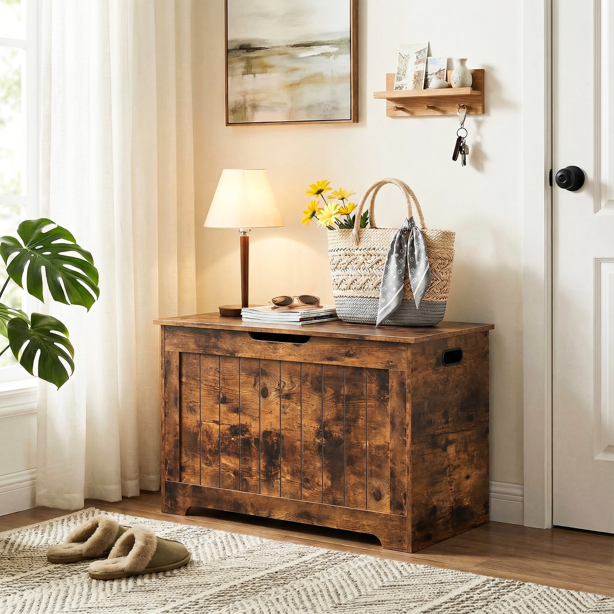 SuperDeal 30-Inch Lift Top Storage Chest Wooden Home Organizer Bench with Safety Hinged Lid Large MDF Toy Box Entryway Bedroom Living Room, Rustic Brown