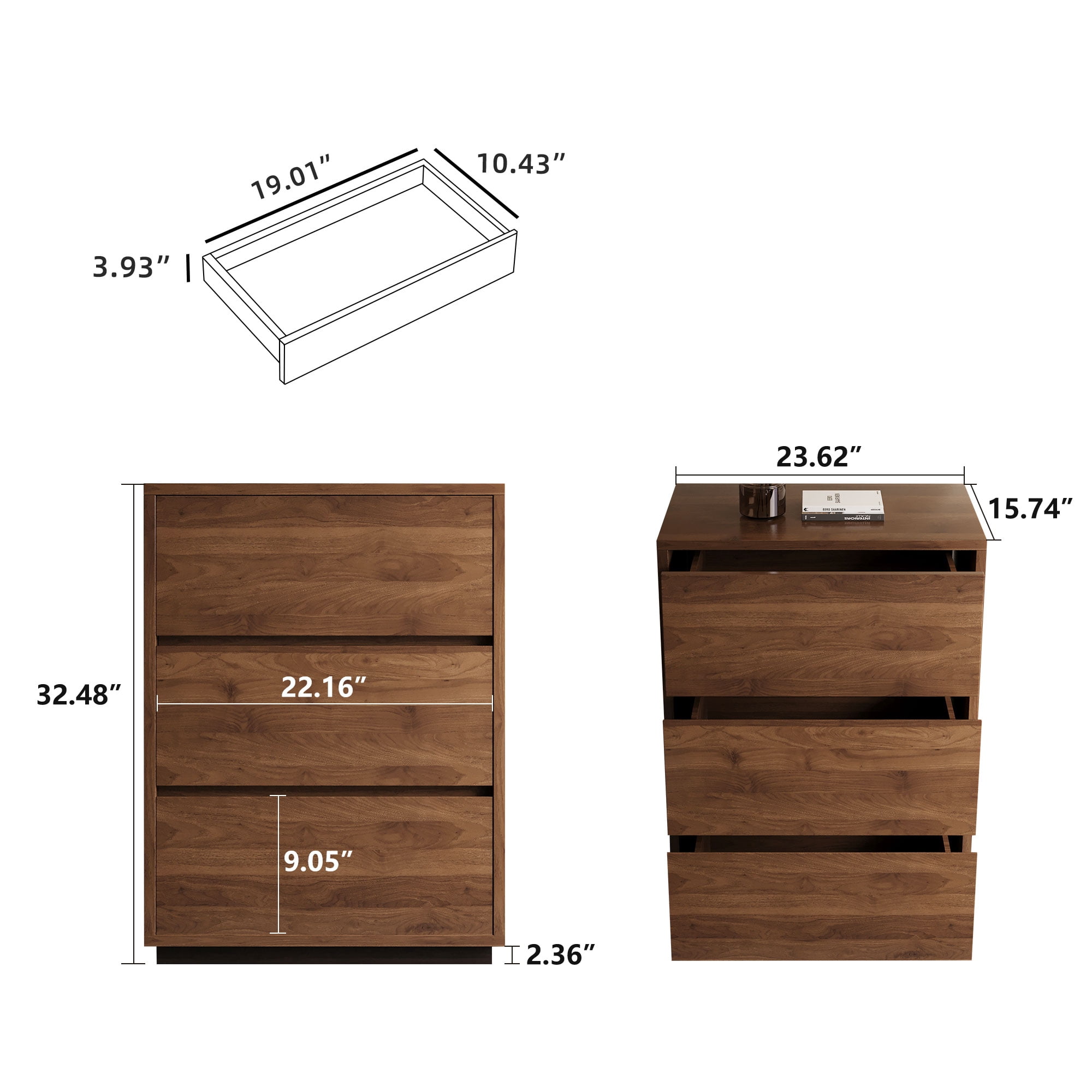 NessCarsti Modern Storage Cabinet with 3 Drawers and Shelves, Walnut Brown, 23.62"