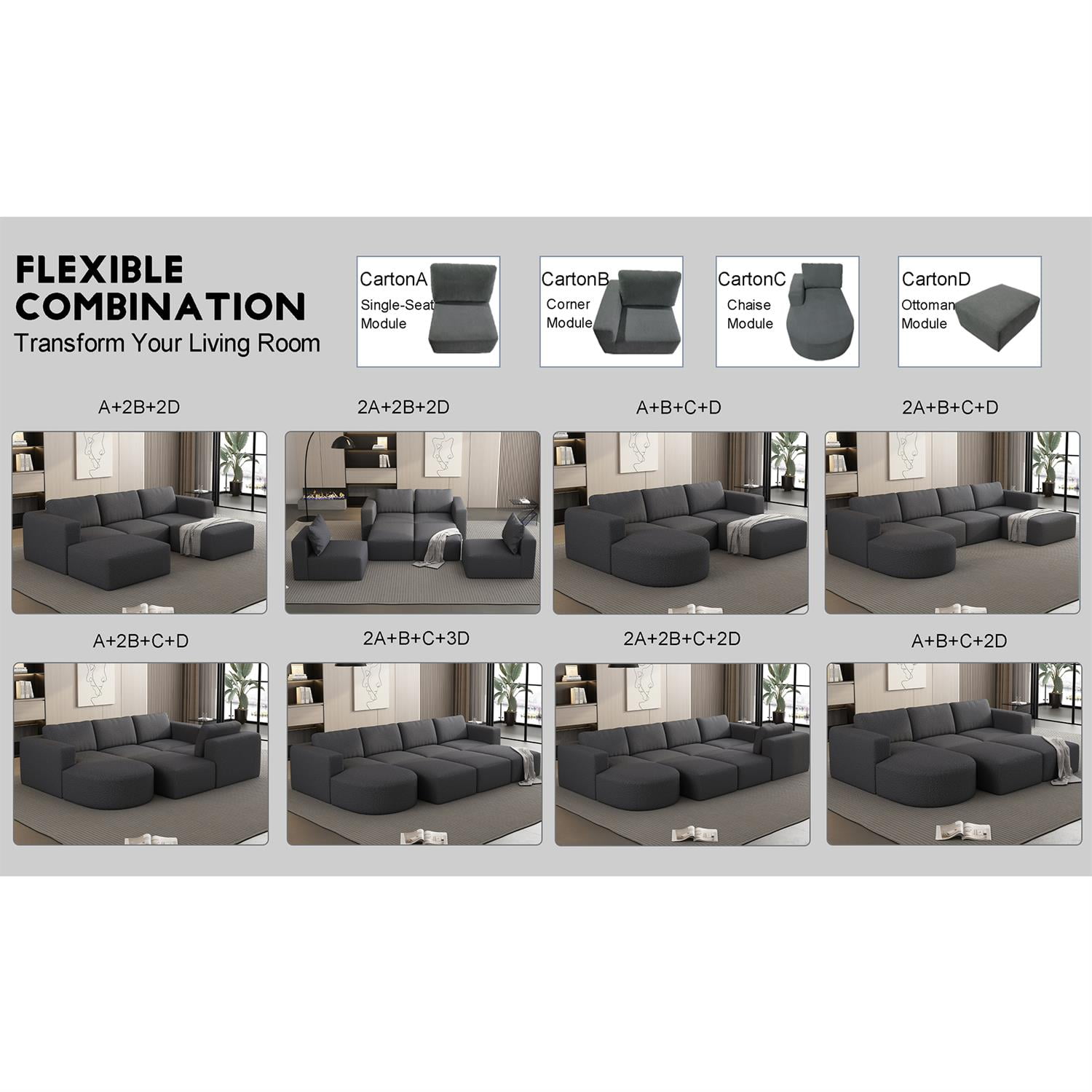 Demi Bonn 104" x 70" Modular Sectional Sofa Sleeper with Chaise and Ottoman, Convertible U-Shaped Couch Set for Relaxation & Guests, Gray