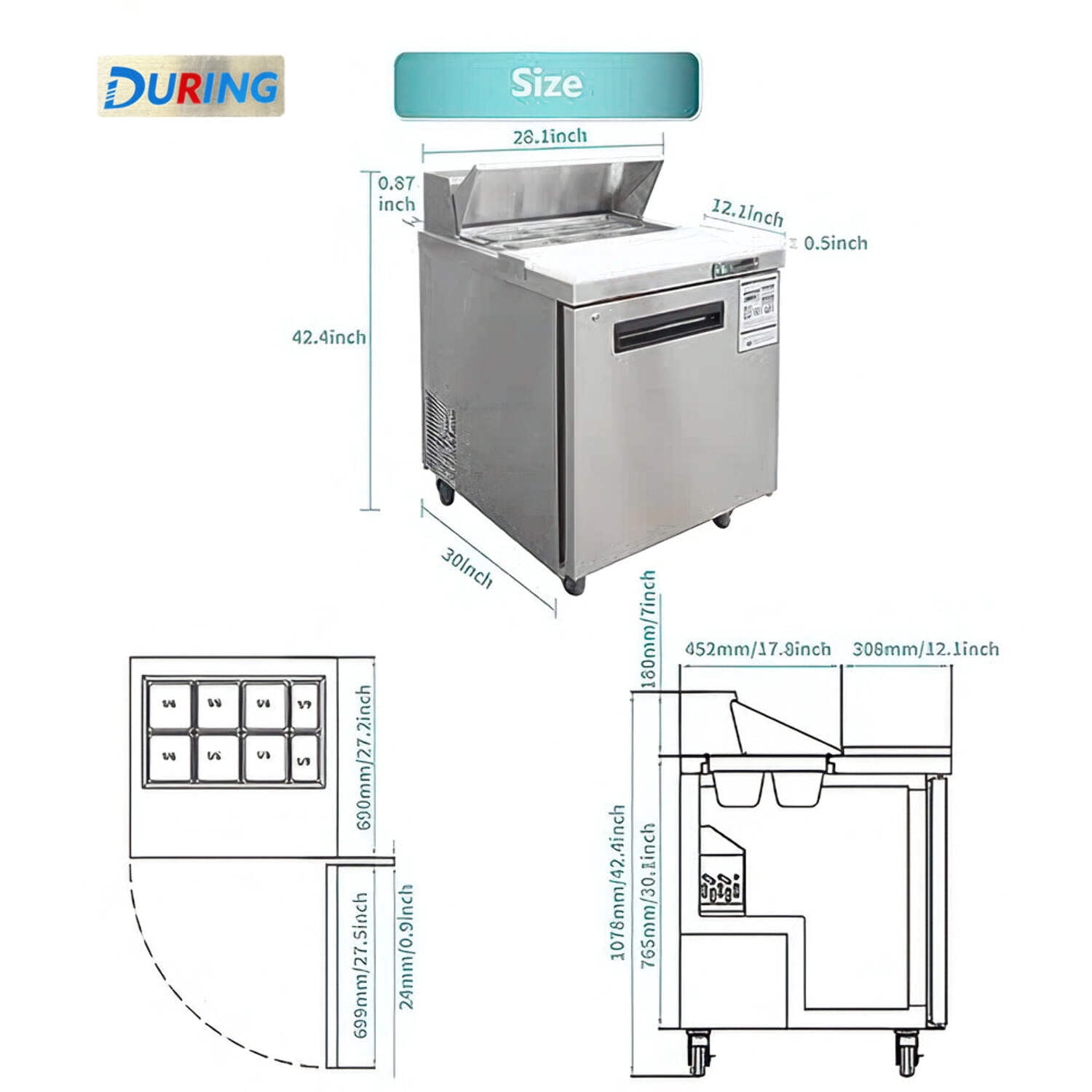 DURING D-KSR-27B 27" 1-Door Sandwich  Salad Prep Table Commercial Refrigerator in Stainless Steel