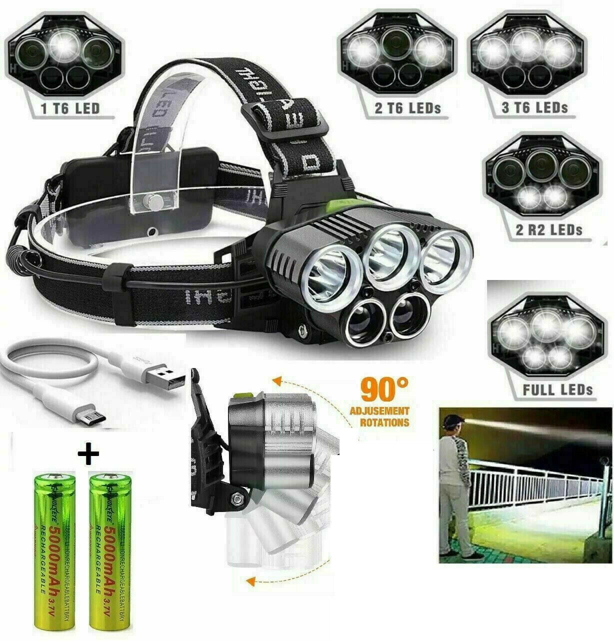 New Headlamp 90000LM Rechargeable T6 LED Headlight Flashlights Head Torch 
