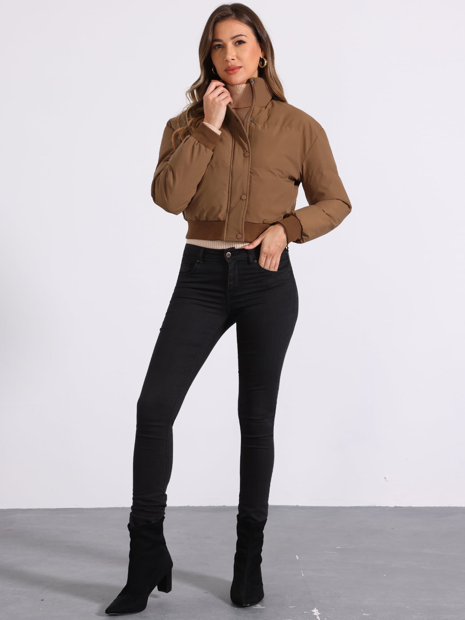 Unique Bargains Women's Winter Bomber Jacket Baggy Padded Cropped Coats XS Brown