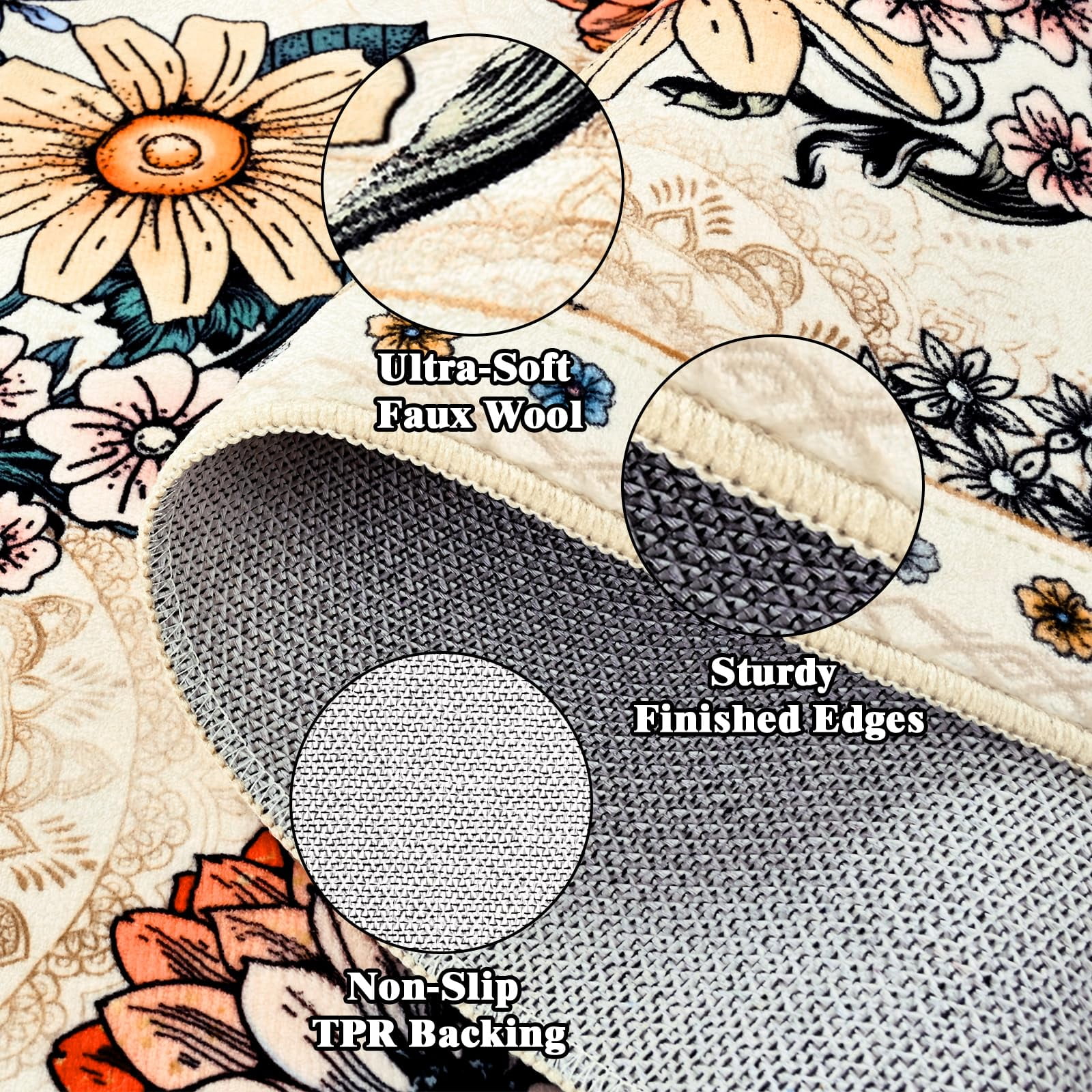 Bleum Cade Floral Area Rugs for Living Room 5x7, Boho Washable Rug, Soft Faux Wool Indoor Rug Carpet for Bedroom, Dining Room,White